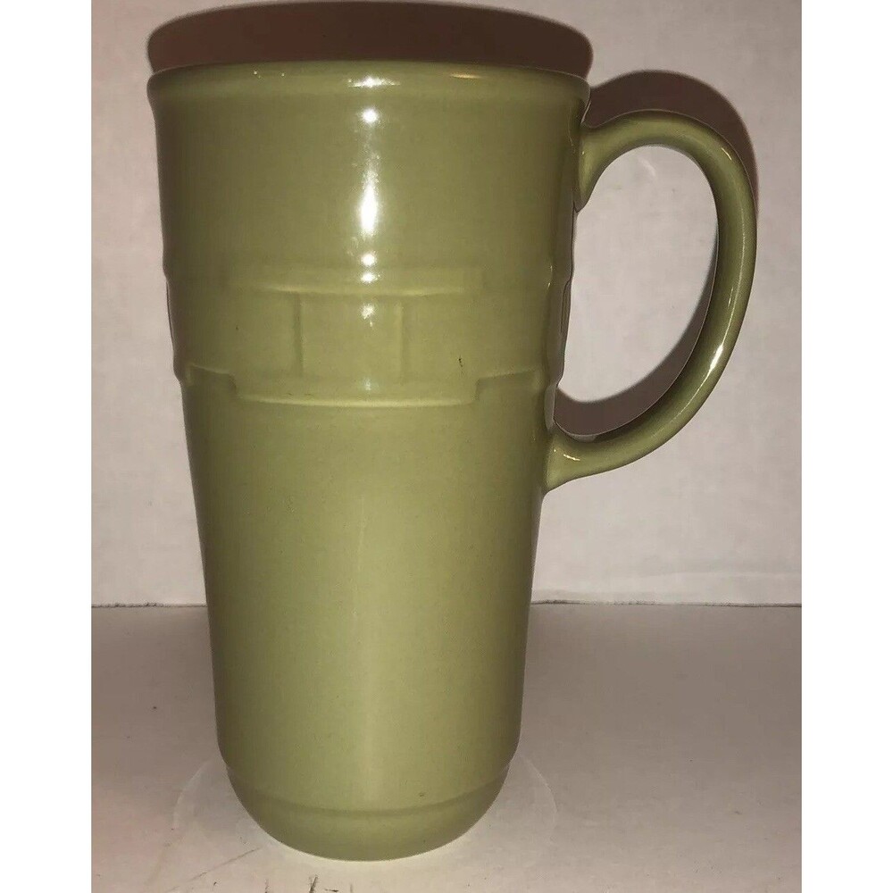 Longaberger Vitrified Pottery Green Coffee Mug Basket Weave Design 6 1/4"T 16 oz